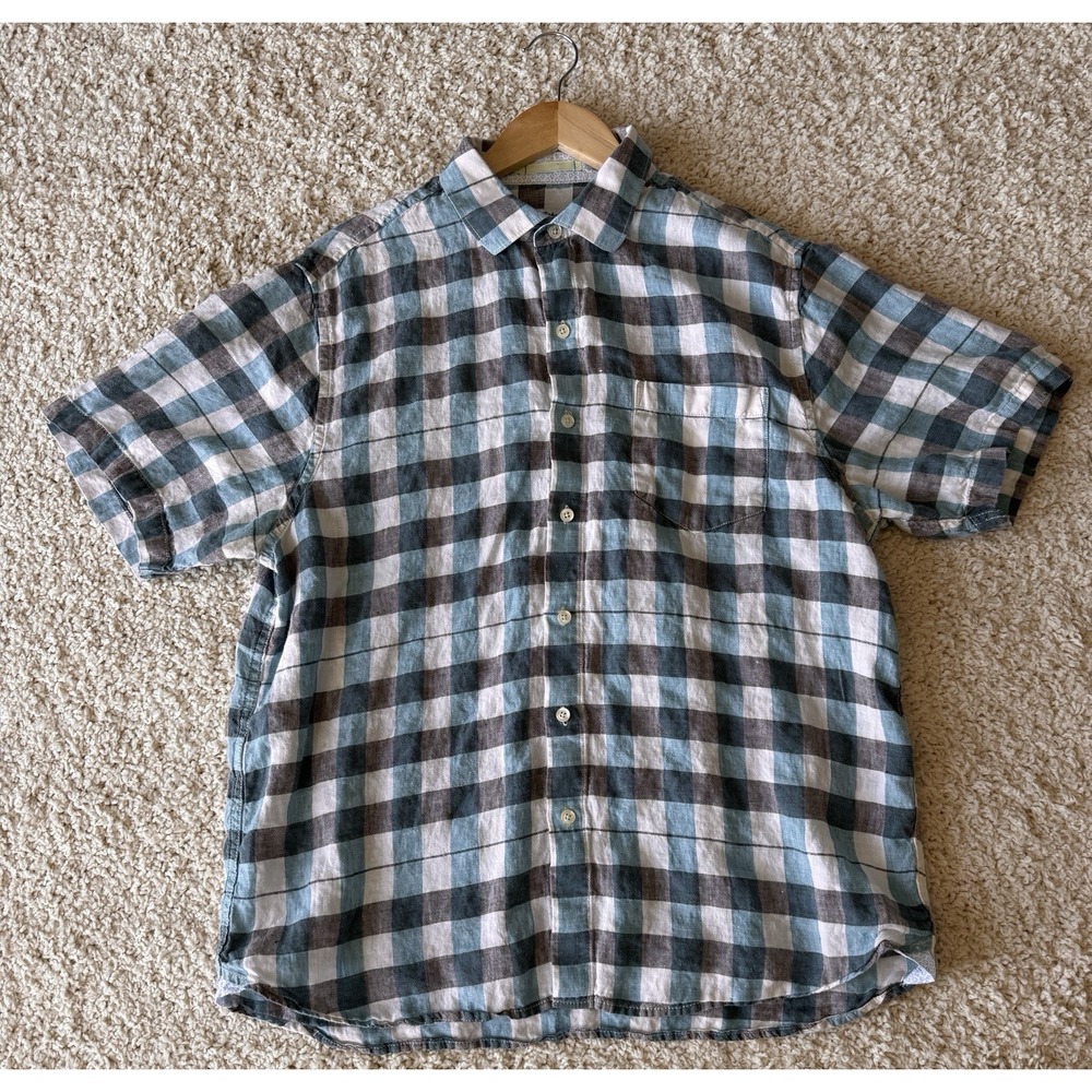 Tommy Bahama Shirt Mens Large Blue Brown Plaid 100% Linen Short Sleeve Excellent